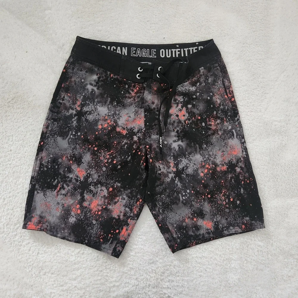 American Eagle Mens Board Shorts Black Grey‎ Coral Paint Splatter Swim Trunks S